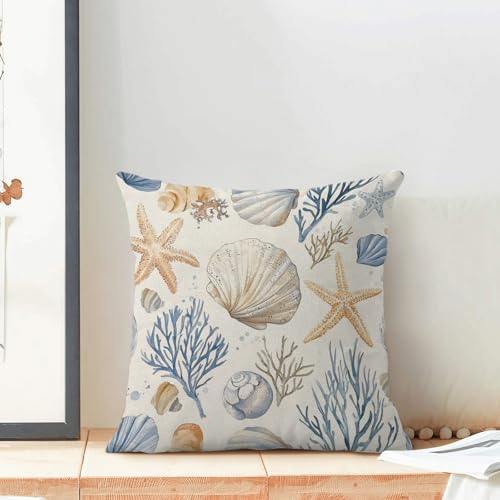Sorktse Coastal Summer Pillow Covers 18x18 Inch Nautical Blue Coral Starfish Pillow Covers Set of 2 Spring Summer Ocean Beach Seashell Pillow Cases Outdoor Decor for Sofa Bedroom Linen Cushion — view 3