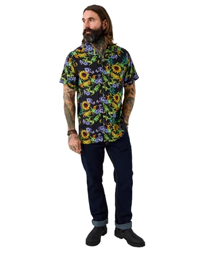 Image of Joe Browns Men's Bold Sunflower Floral Print Short Sleeve Shirt, Regular, Black, UK XL