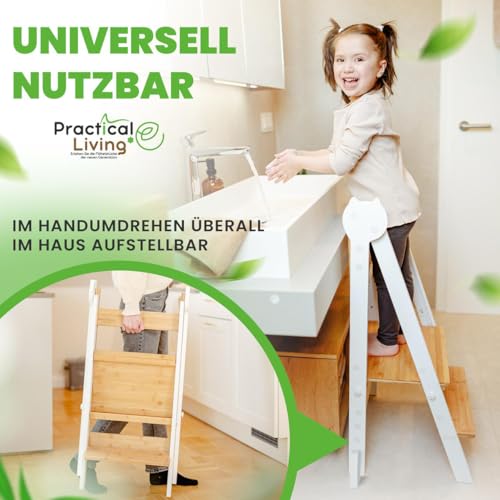 Lernturm Montessori Platzsparend und höhenverstellbar aus Bambus mit Kippschutz & Anti-Rutsch-Trittfläche für Kinder ab 1 Jahr (Klappbar) Learning Tower, Tritthocker, Schemel für Kinder