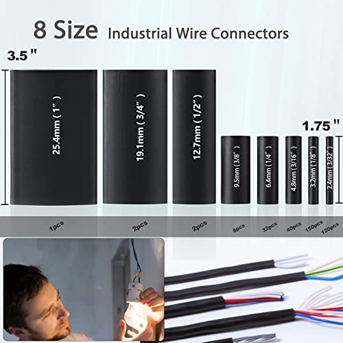 [355Pcs] 3:1 Heat Shrink Tubing Kit, Wire Shrink Wrap Tubing, Shrink Tubes Electrical, Industrial Heat-Shrink Tubing, Marine Grade Adhesive, Automotive Wire Wrap For Diy, (8 Sizes, Black) Usoonesp #TOP1