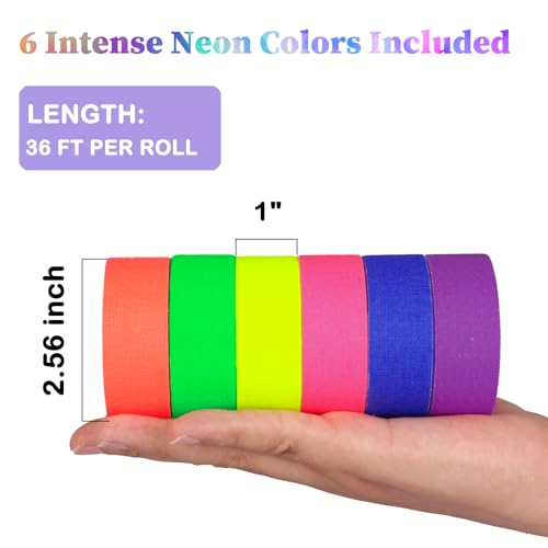 Image of UV Blacklight Reactive Fluorescent Cloth /Neon Gaffer Tape, Super Bright Spike Tape for Glow Party Supplies, 1 in x 36 ft - 6 Colors