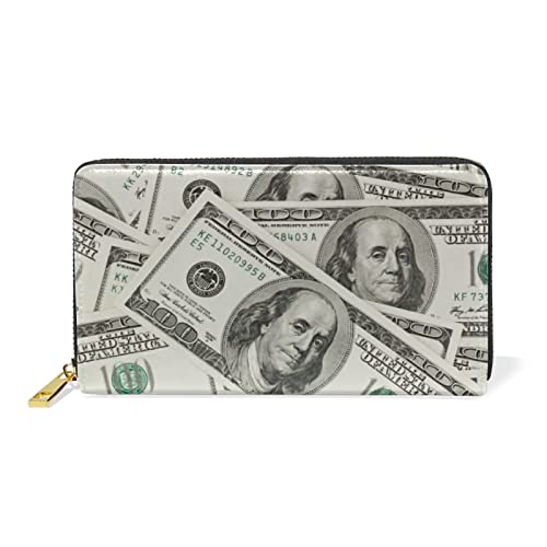 Seamless Money American Hundred Dollar Bills USD Background Leather Long Wallet Organizer with Zipper Purse Clutch Bag for Women Men Key Card Coin Passport Checkbook