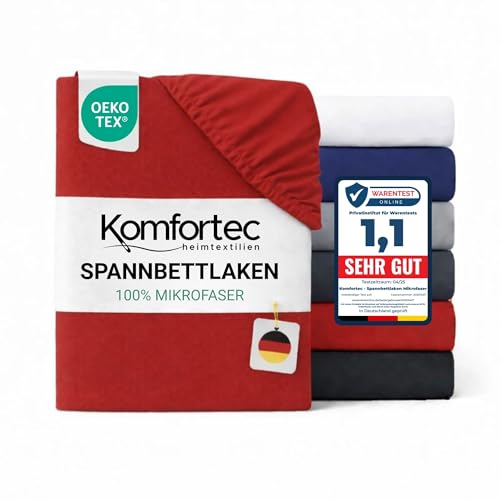 Komfortec Mikrofaser Spannbettlaken 180x200 cm – Weiches Spannbetttuch mit Rundumgummi – Fitted Sheet für Matratzen bis 30 cm – Rot – Oeko-Tex – Pflegeleicht & Hautfreundlich – 90g/m²