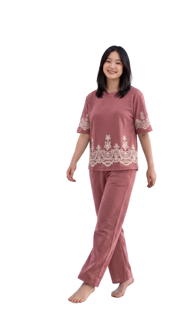 Women's 2-Piece Lounge Set – Textured Waffle Knit Short Sleeve Top & Wide-Leg Pants with Floral Lace – Elegant Korean Style Sleepwear & Home Suit-image-6