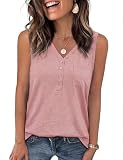 Aottori Camisetas Sin Mangas Mujer Botones Cuello V Chaleco Verano Básico Cami Casual Suave Sólido Suelta Ajustada Estirada Camiseta con Bolsillo Rosa L