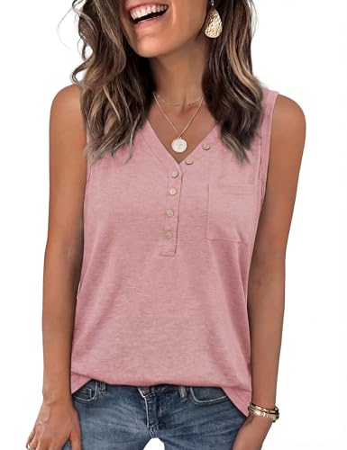 Image of Aottori Womens V Neck Tank Top Summer Loose Vest Button Camisole Pink XXL