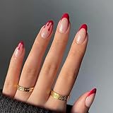 Halloween Press on Nails Medium Length Horror Bloody Fake Nails Red French Tips Nails Coffin Full Co