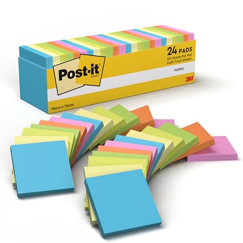 Post-it Notes, Assorted Colours, 24 Pads, 100 Sheets per Pad, 76 mm x 76 mm - Self-Stick Notes for Note Taking, to Do Lists & Reminders, School and Office Supplies