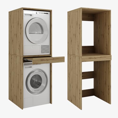 PLATAN ROOM Armoire pour lave-linge et sèche-linge avec plateau coulissant • Meuble pour lave-linge et sèche-linge • Armoire haute 187 x 65 x 66 cm (chêne Artisan)