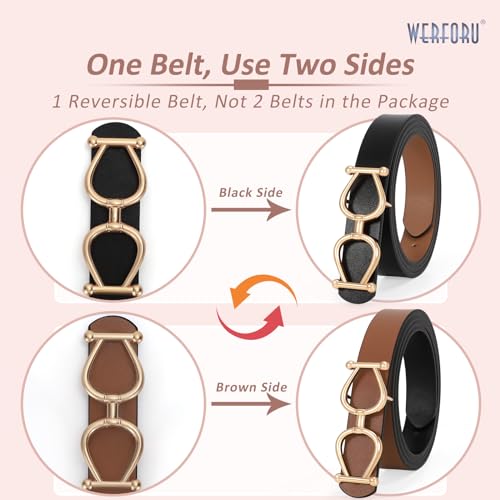 WERFORU Women Reversible Leather Belt for Jeans Pants, Two-in-One Ladies Gold Buckle Black and Brown Leather Belt3