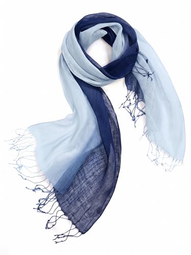 Prettystern Foulard à franges en batik tie-dye bleu dégradé Femme Homme 100% Lin printemps été...