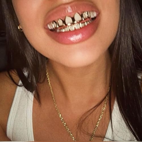 Grillz - Gold & Silver 6/8 Teeth Top & Bottom Grillz Set for Men and Women, 14K Gold Plated Teeth Caps for Halloween Costume Accessories4