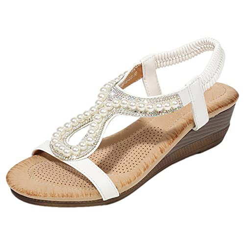 rismart Sandalias Mujer Verano Cuñas Bohemian Perla de imitación Strass Zapato de Vestir Blanco,41