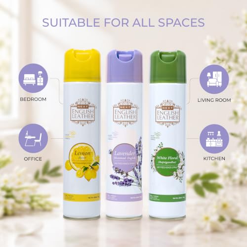 Image of Next Care English Leather Air Freshener Spray 220ml Each | Long Lasting Room Freshener for Home, Office & Car | Odour Eliminator (Lemon, Lavender & White)
