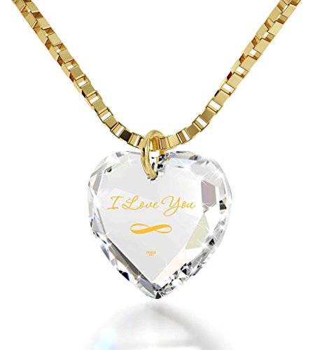 Anniversary Necklace For Wife I Love You Infinity Symbol Tiny Heart Pendant Birthday Gift Inscribed Pure Gold Romantic Clear Heart-Shaped Cubic Zirconia Gemstone, 18" Gold Plated Silver Chain #TOP15