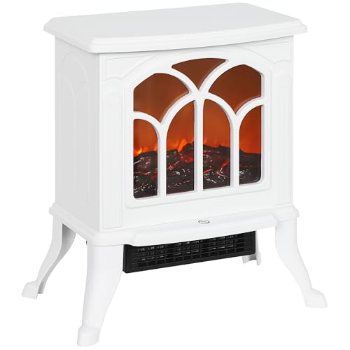 HOMCOM Chimenea Eléctrica de Pie 750/1500 W, Chimenea Decorativa con 2 Niveles de Potencia, Efecto Llama, Protección Sobrecalentamiento, Área de Cobertura 15-20 m², Blanco