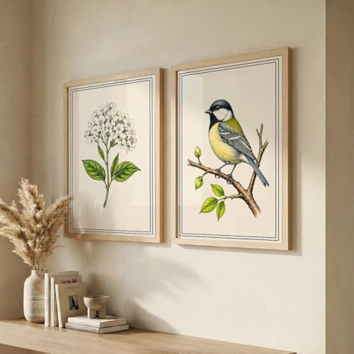 Image of NoWorries Botanical & Bird Wall Art Set of 2 Framed Wall Decor for Living Room Bedroom Office | Vintage Floral Bird Painting Wooden Frame Modern Home Decoration (Art-3, 21x31inch)