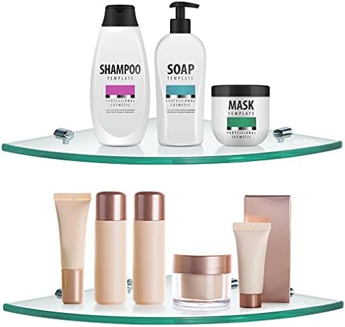 Sanbege 2 Pcs Tempered Glass Corner Shelf with 8 Brackets, 11.5" x 11.5" Floating Shower Caddy, Wall Mounted Shampoo Holder Organizer for Bathroom, Kitchen, Living Room