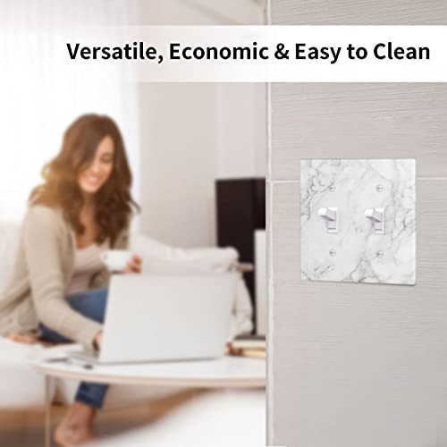 White Marble Print Double Toggle Light Switch Cover 2 Gang Wall Plate Decorative Electrical Lightswitch Outlet Covers For Kitchen Bathroom Bedroom Home Accessories 4.5" X 4.5" #TOP5