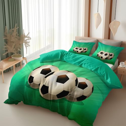 Srigzcaly Juego de ropa de cama con cremallera, diseño de dibujos animados, 3 balones de fútbol, 200 x 220 cm, color verde claro, funda nórdica para niños y niñas, microfibra, juego con 2 fundas de