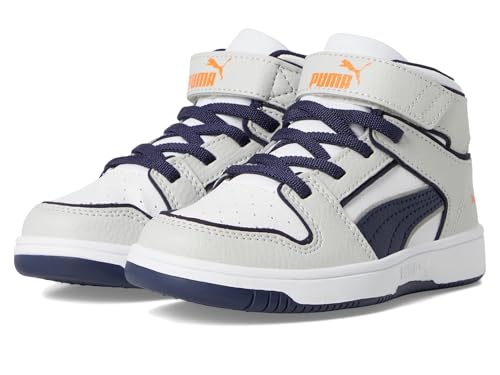 PUMA Rebound Layup Mid Hook and Loop Shoes (Little Kid) Sneaker, Glacial Gray/Navy/Rickie Orange, 1 US Unisex
