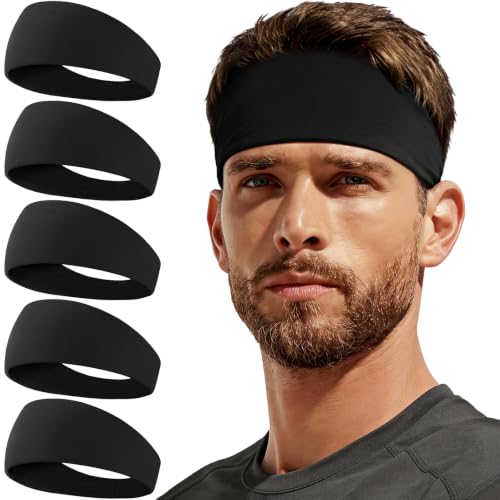 CYPERROCK 5 Pack Sweat Band Running Sports Headbands Moisture Wicking Workout Headband for Men/Women 5 Black