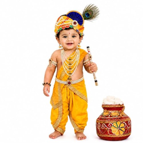 Image of Raj Costume Shri Krishna Dress for Kids, Bal Krishna Costume for Baby Boy and Girl, Janmashtami Fancy Dress Costume, Krishna Dress for Kids