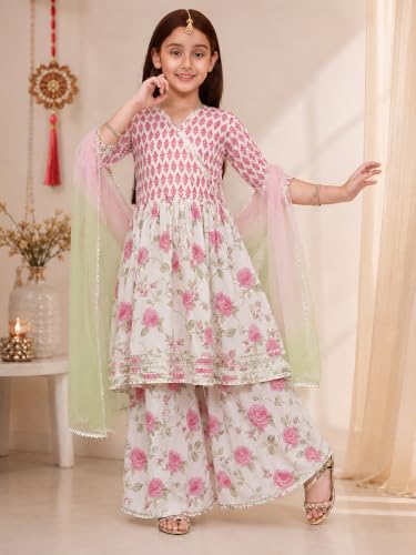 Image of Preneum Girl's Cotton Rayon Floral Printed Angrakha Kurta with Sharara & Dupatta