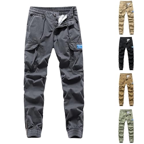 Mens Cargo Work Pants with Multi Pockets Trendy Distressed Patchwork Outdoor Trousers Retro Lazy Style Hiking Pants