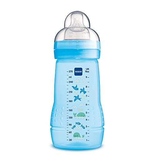 MAM Easy Active Trinkflasche (270 ml), Baby Trinkflasche inklusive MAM Sauger Größe 1 aus SkinSoft Silikon, Milchflasche mit ergonomischer Form, 0+ Monate, blau, blau-wal, 270 ml (1er pack)