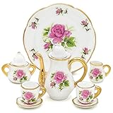 Odoria 1:6 Miniature 8PCS Porcelain Tea Cup Set Purple Chintz with Gold Trim Dollhouse Kitchen Accessories