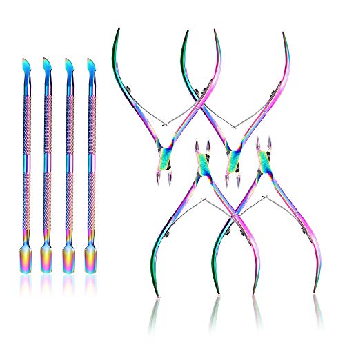 8 Pieces Cuticle Trimmer with Cuticle Pusher, Cuticle Nipper and Pusher Set Nail Nippers Stainless Steel Cuticle Trimmer Cutter Dead Skin Remover for Toenails and Fingernails Care - Rainbow Color