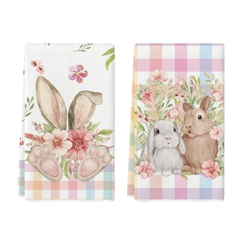 Artoid Mode DISHTOWEL-EASTER-4075-2PC-045MC Colorful Buffalo Plaid Bunny Rabbit Flower Easter Kitchen Towels Dish Towels cover