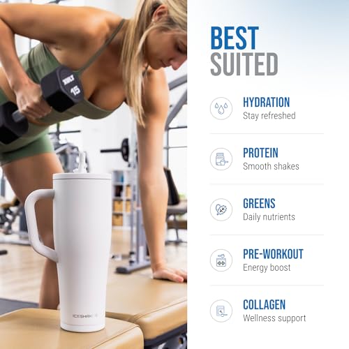 Image of Ice Shaker 40 oz Tumbler with Handle and Straw | 40oz White | Cold for 30+ Hours | 2-in-1 Tumbler Shaker Bottle | Odor-Free 40 ounce Bottle for Water, Protein Shakes, Smoothies, Cocktails