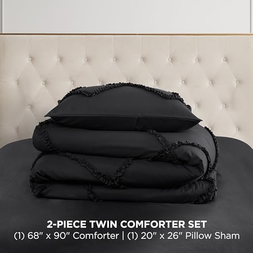 Image of Juicy Couture Diamond Twin Comforter Set - Ruffle 2-Piece Machine Washable Reversible Bedding Comforter Set, Black