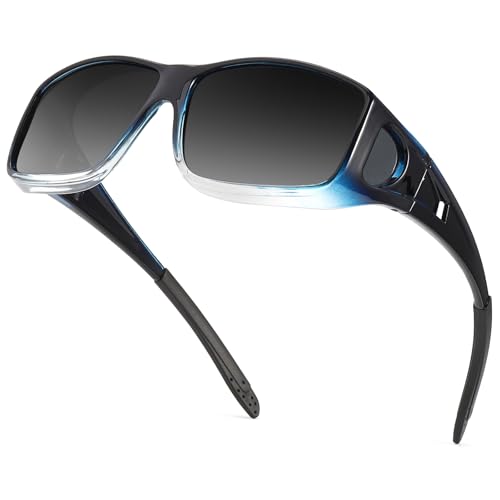 VIEWBETTER 偏光フィット オーバーグラス サングラス メンズ ラップアラウンドシェード UV保護 眼鏡の上から着用 SG0312, C07グラデーションブルーフレームグレーレンズ。, L（Amazon）