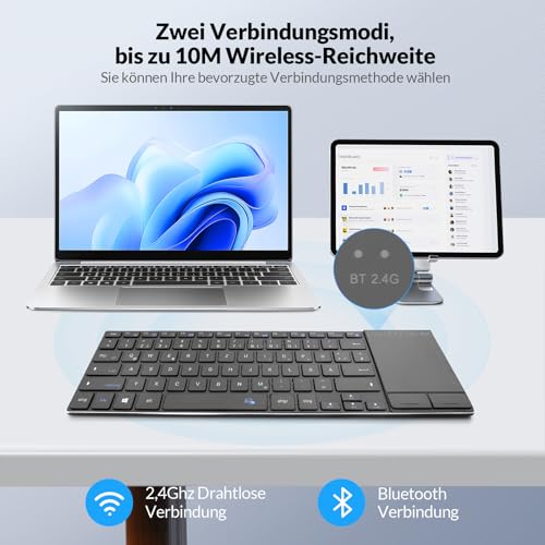 Rii Kabellose Tastatur mit Touchpad Büro, Wireless Keyboard Office, Deutsche QWERTZ-Layout, Tastatur Kabellos Geschenke für Laptops, Desktops, Smart-TVs, Tablets, Schwarz (2.4G+BT) 3