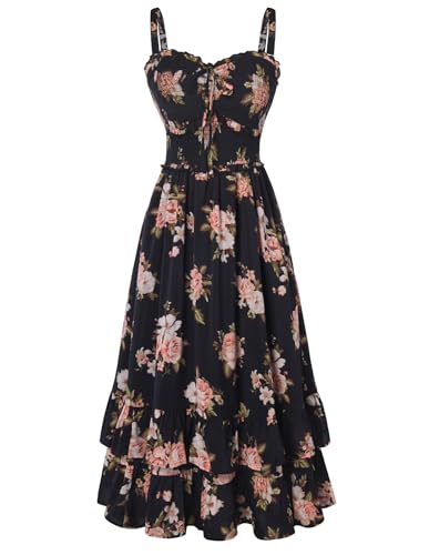Women's Floral Dress Smocked Sundress with Pockets Black Floral M