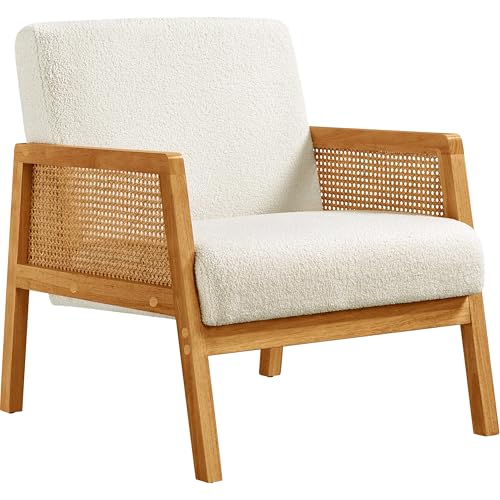 Yaheetech Boucle Fabric Accent Chair, Vintage Rattan Vanity Chair with Wood Armrest and Legs for Living Room Bedroom Makeup Room, Ivory 1