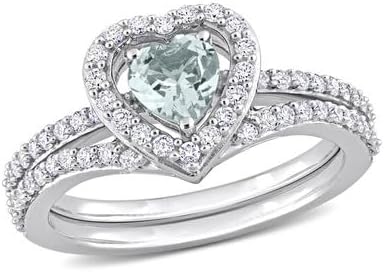 Jewels by Parijaat 1.60 Cttw Heart Cut Created Blue Aquamarine and White Diamond Halo Wedding Bridal Ring Set with Band In 14K White Gold Over 925 Sterling Silver