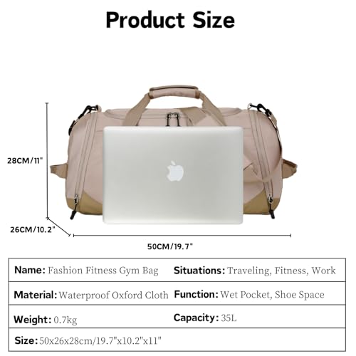 Gym Bag for Men Women, Large Sports Travel Duffle Bag with Wet Pocket & Shoe Compartment, 35L Waterproof Lightweight Carry On Overnight Weekender Bag for Workout, Fitness, Business - Beige 6