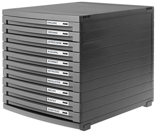HAN Schubladenbox CONTUR mit 10 flachen offenen Schubladen bis Format B4, inkl. Auszugsperre, inkl. Beschriftungsschildern, Gummifüße, modular erweiterbares Schubladensystem, 1510-191, dunkelgrau