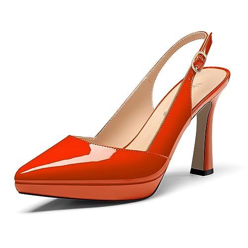 NobleOnly Womens Stiletto High Heel Pointed Toe Slingback Platform Pumps Slip-on Buckle Casual Patent Leather Dress Shoes 3.9 Inches Heels
