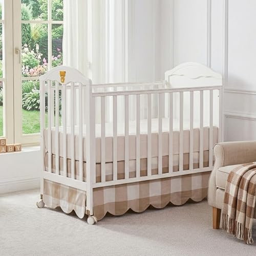 Brandream Scallop Edge Cotton Crib Skirt, Baby Boy Girl Gender Neutral Crib Skirt Toddler Bedskirt Farmhouse Chic Nursery Crib Bed Skirt, Boho Bohemian Khaki Buffalo Plaid Gingham Skirt