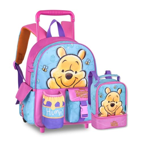 Mochila Carrinho com Lancheira Ursinho Pooh Kit Escolar Infantil Feminino