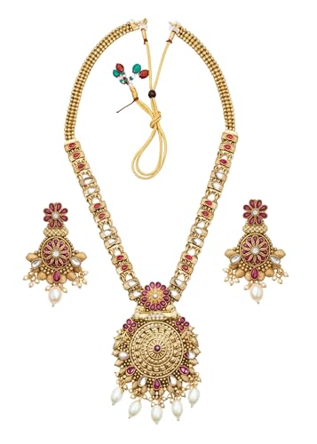 Image of Mansiyaorange South Indian Temple Style Long Pearl Rani Haar with Floral Necklace & Earrings | Traditional Gold Plated Kempu Kundan Stone Jewelry Set for Women