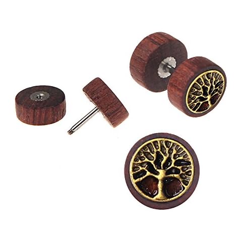 Tree of Life Wood Cheater Fake Ear Plugs Gauges Illusion Screw Stud Earrings for Men and Women, 10MM Cover