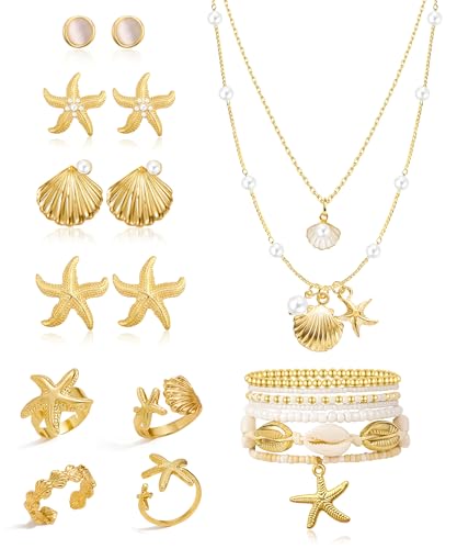 MEDOJO 17 Pcs Beach Jewelry for Women Seashell Starfish Earrings Rings Boho Summer Beach White Anklet Set Summer Jewelry Set