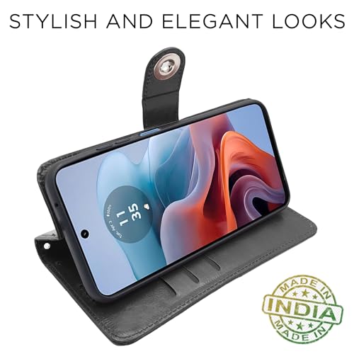 Image of Pikkme Moto G24 Power Flip Cover Leather Finish | Inside TPU with Card Pockets | Wallet Stand and Shock Proof | Complete Protection Button Flip Case (Black)