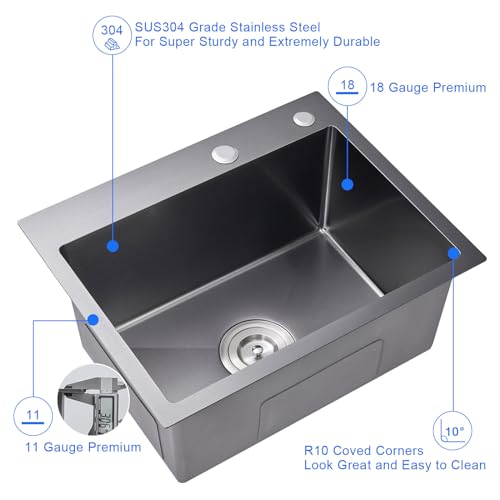 MENATT 24 inch Drop-In Single Bowl Kitchen Sink 304 Black Steel 9" Deep by MENATT - Used condition - Image 4